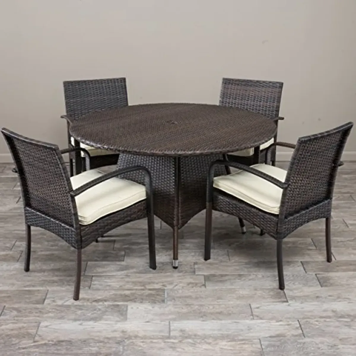 Christopher Knight Home Theodore Outdoor Wicker 5 Piece Dining Set with Water Resistant Cushions, 22.1 "W x 23.5 "D x 32.75 "H, Multibrown + Cream