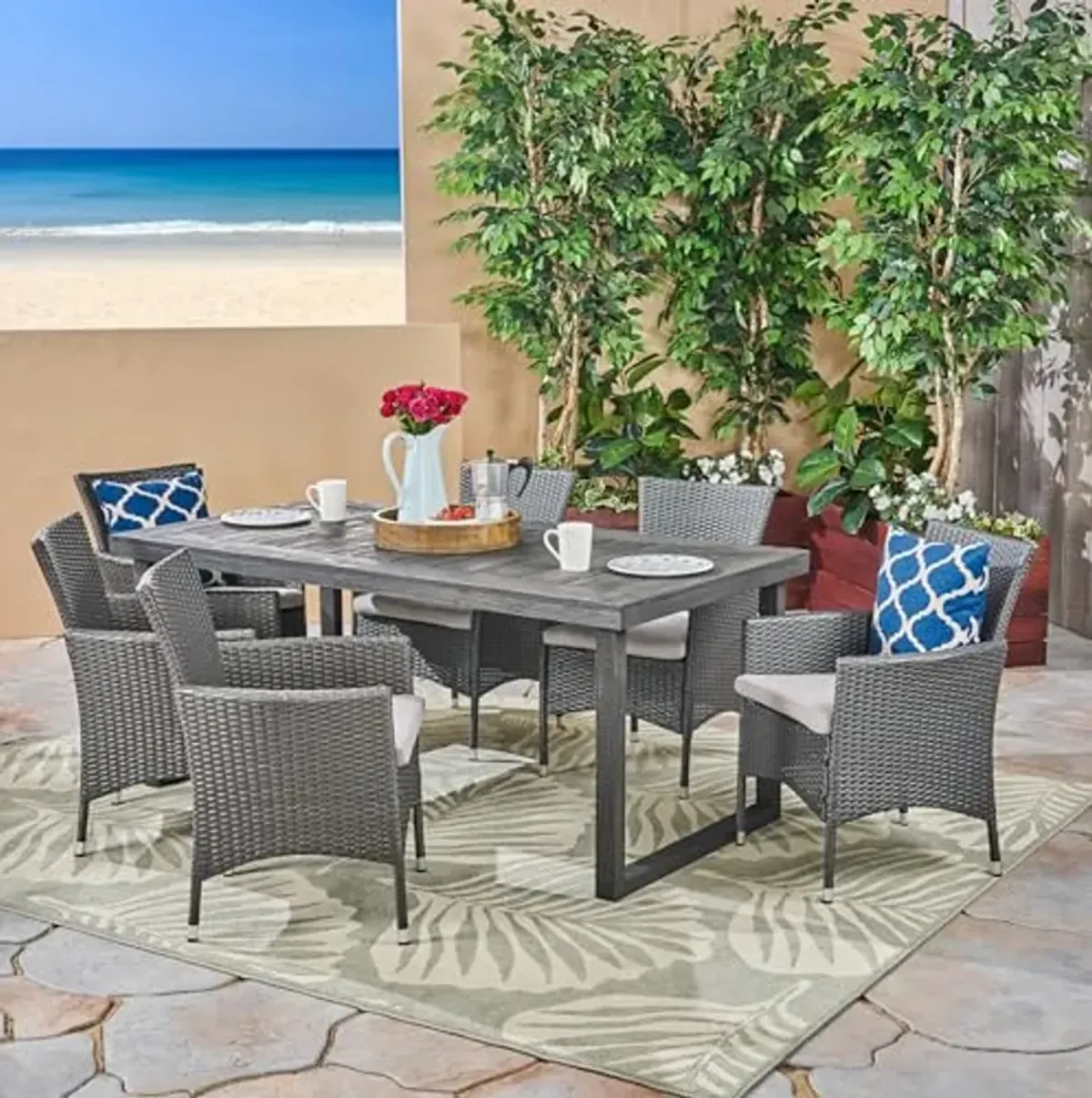 Christopher Knight Home Moralis Outdoor 6-Seater Acacia Wood Dining Set with Wicker Chairs, 23.25 "W x 24 "D x 33 "H, Sandblasted Dark Gray + Gray + Light Gray