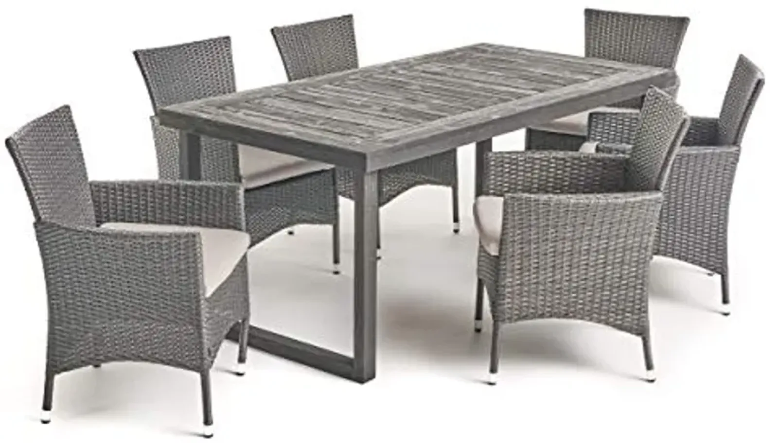 Christopher Knight Home Moralis Outdoor 6-Seater Acacia Wood Dining Set with Wicker Chairs, 23.25 "W x 24 "D x 33 "H, Sandblasted Dark Gray + Gray + Light Gray