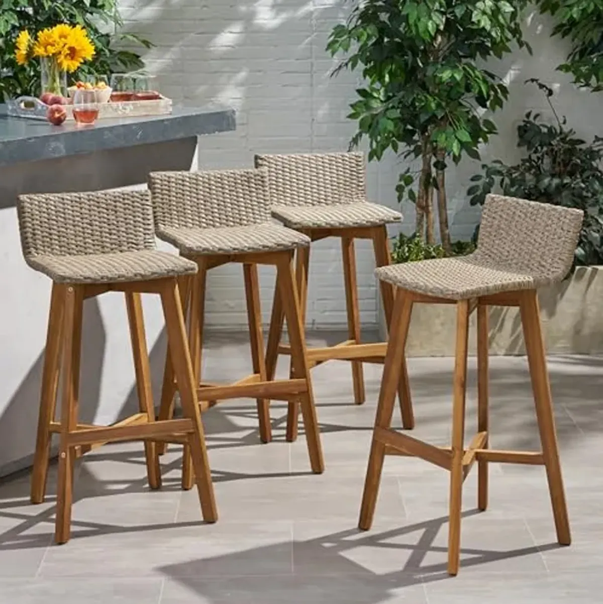 Christopher Knight Home La Brea Outdoor Acacia Wood and Wicker Barstools (Set of 4), Light Brown and Teak