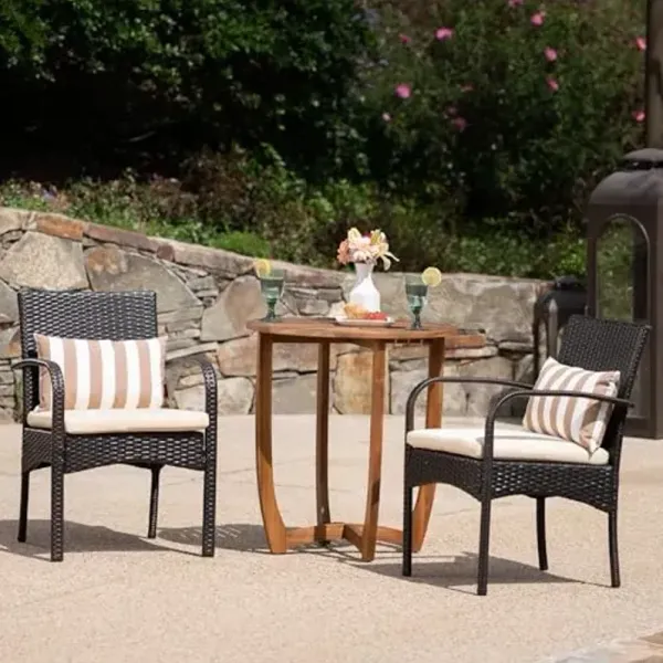 Christopher Knight Home Lindy Outdoor 3 Piece Acacia Wood and Wicker Bistro Set with Cushions, Teak Finish and Multi-Brown with Crème