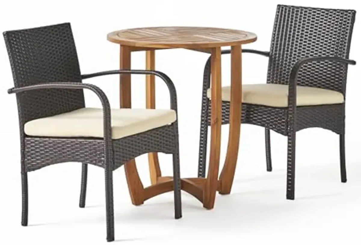 Christopher Knight Home Lindy Outdoor 3 Piece Acacia Wood and Wicker Bistro Set with Cushions, 22.1 "W x 23.5 "D x 32.75 "H, Multibrown + Beige + Teak