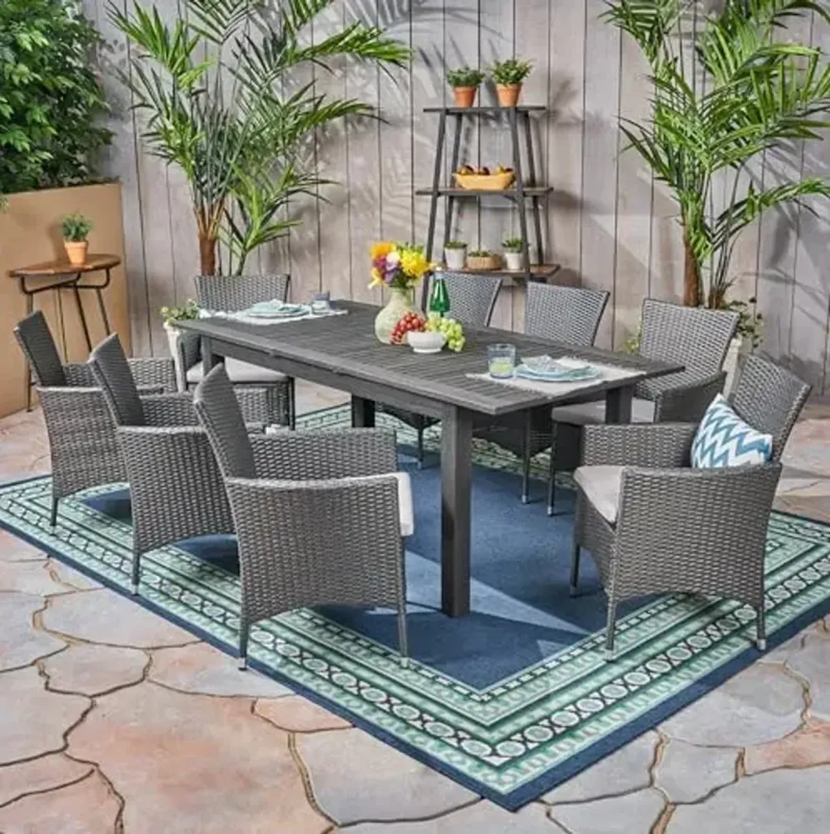 Christopher Knight Home Nadia Outdoor 9 Piece Wood and Wicker Expandable Dining Set, 23.25 "W x 24 "D x 33 "H, Gray + Light Gray + Sandblasted Dark Gray