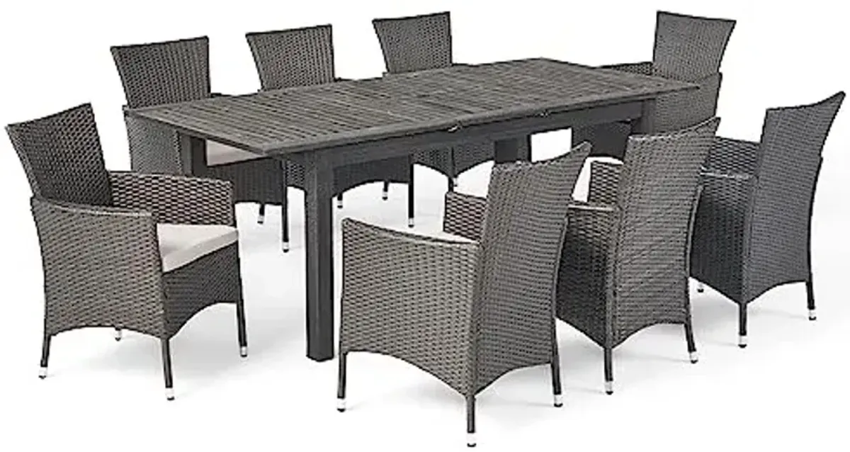 Christopher Knight Home Nadia Outdoor 9 Piece Wood and Wicker Expandable Dining Set, 23.25 "W x 24 "D x 33 "H, Gray + Light Gray + Sandblasted Dark Gray