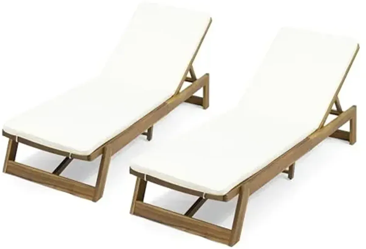 Christopher Knight Home Maki Outdoor Acacia Wood Chaise Lounge with Cushion (Set of 2), Teak and Cream