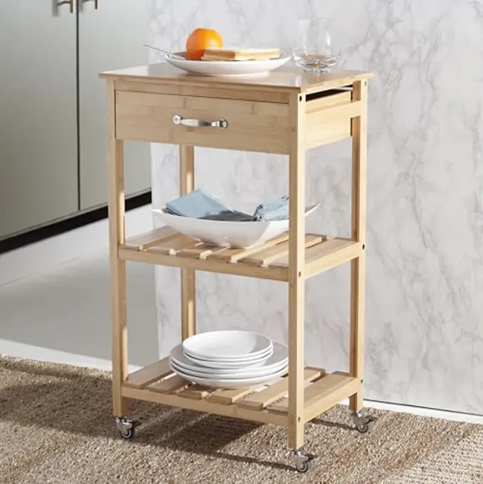 SAFAVIEH Home Collection Corteau Natural Bamboo Kitchen Dining Cart with Wheels