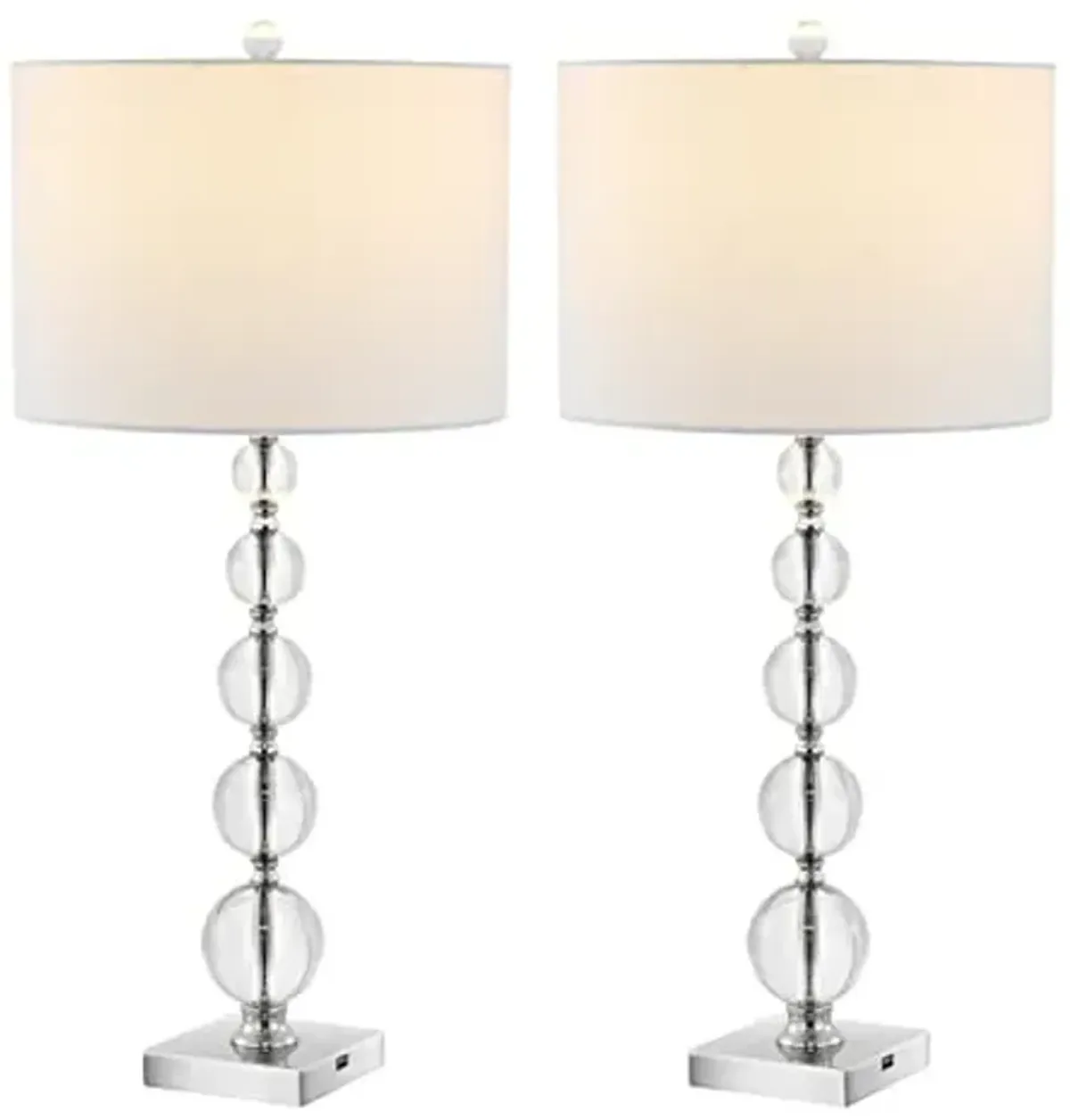 SAFAVIEH Lighting Collection Liam Clear/Chrome Stacked Crystal Ball 30-inch Table Lamp Set of 2 with USB Charging Port (LED Bulbs Included)