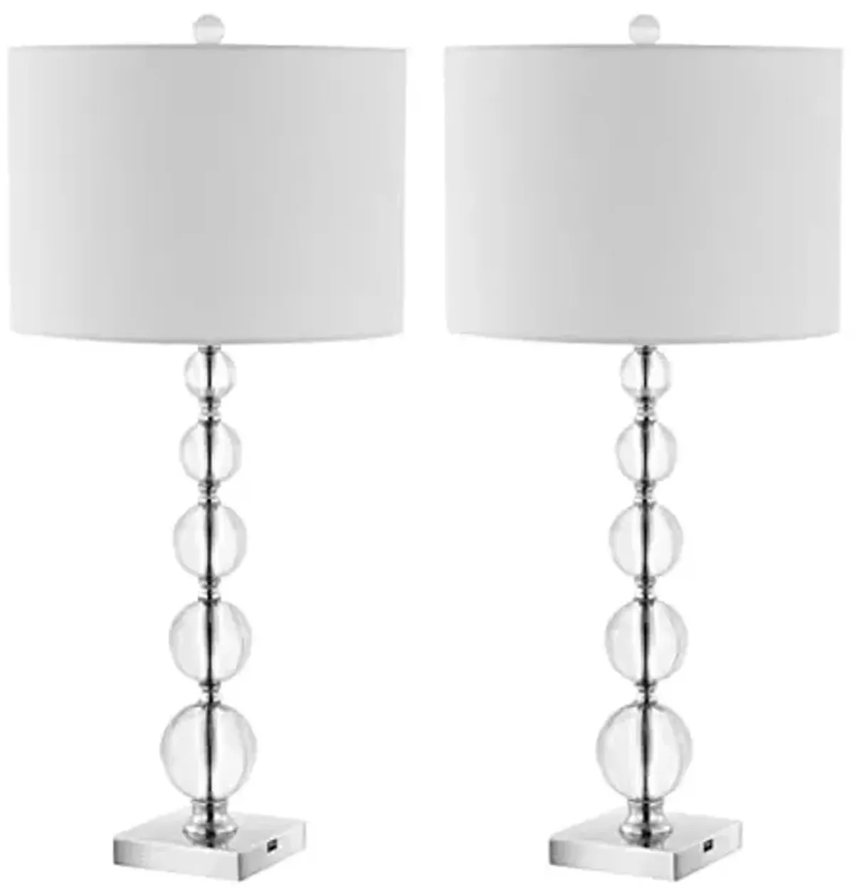 SAFAVIEH Lighting Collection Liam Clear/Chrome Stacked Crystal Ball 30-inch Table Lamp Set of 2 with USB Charging Port (LED Bulbs Included)