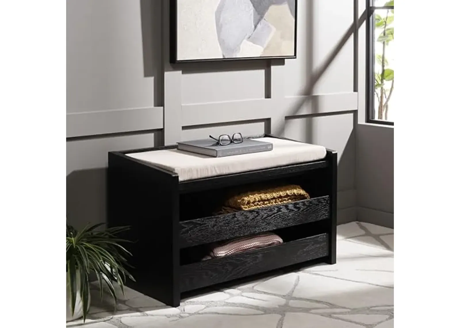 SAFAVIEH Home Collection Percy Black/Beige Storage Shoe Bench