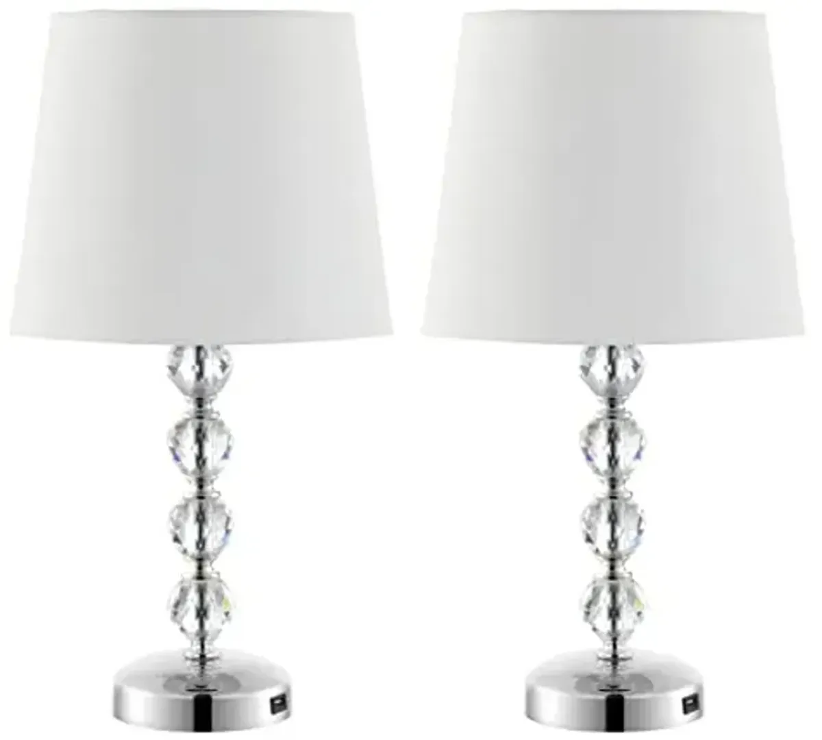 SAFAVIEH Lighting Collection Nola Clear/Chrome Stacked Crystal Ball 17-inch Table Lamp Set of 2 with USB Charging Port (LED Bulbs Included)