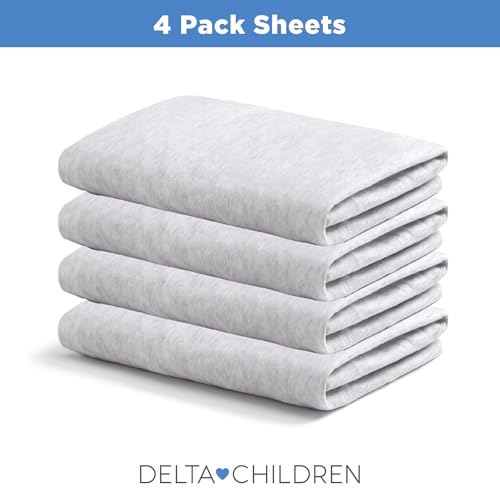 Delta Children Crib Sheet Set, 4 Pack, Soft and Breathable 100% Jersey Knit Fitted Sheet Set, Crib Sheets for Baby Boys and Girls, Grey