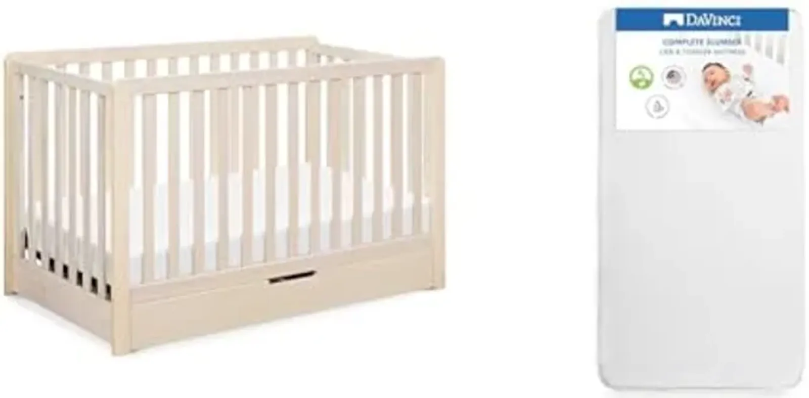 DaVinci Bundle of Carter's Colby 4-in-1 Convertible Crib, Washed Natural Complete Slumber Crib & Toddler Mattress