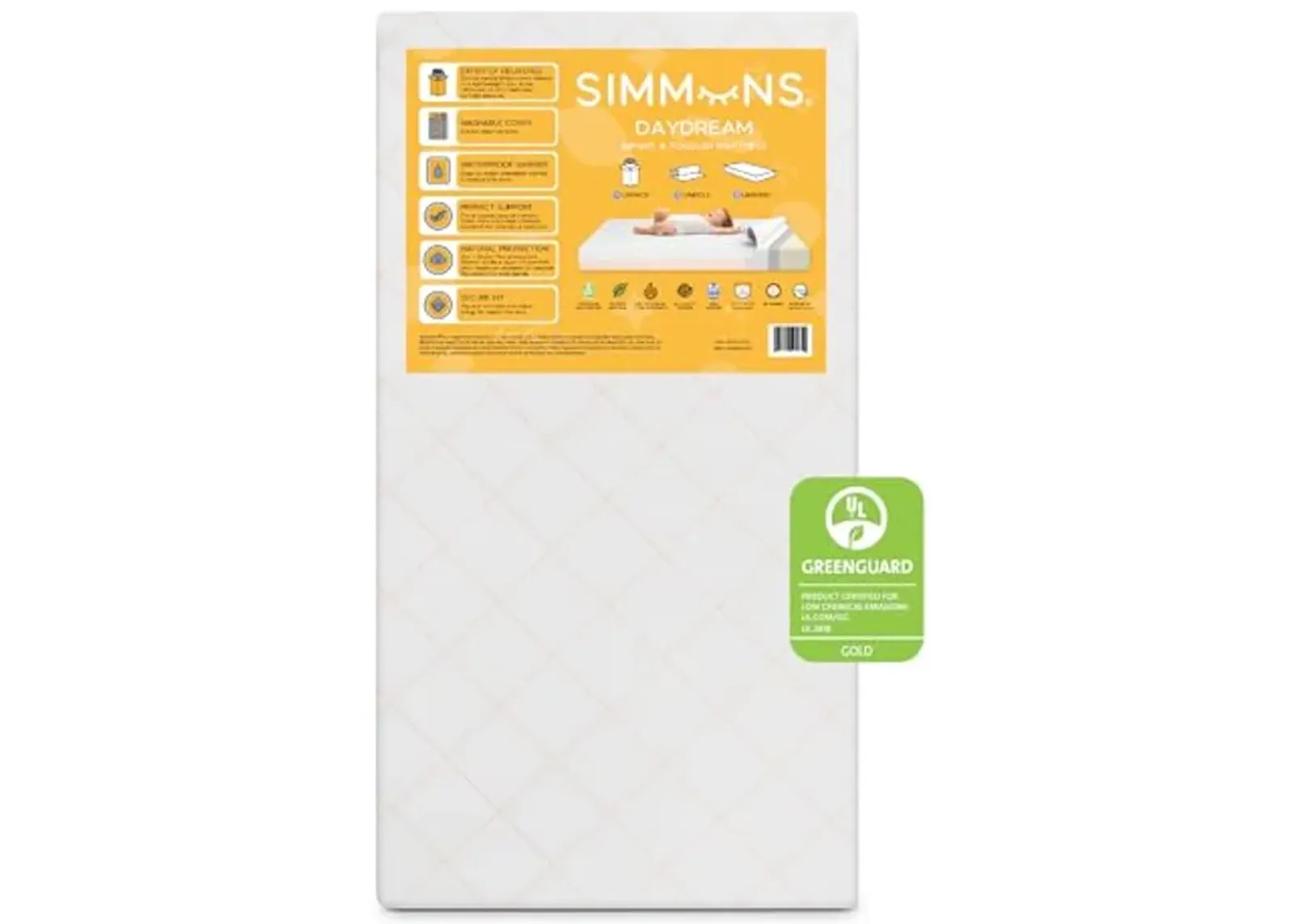 Simmons Kids Daydream 2-Sided Crib and Toddler Mattress GREENGUARD Gold Certified, CertiPUR-US Certified Foam, Breathable Machine Washable Cover, Waterproof Barrier, Made in USA, White