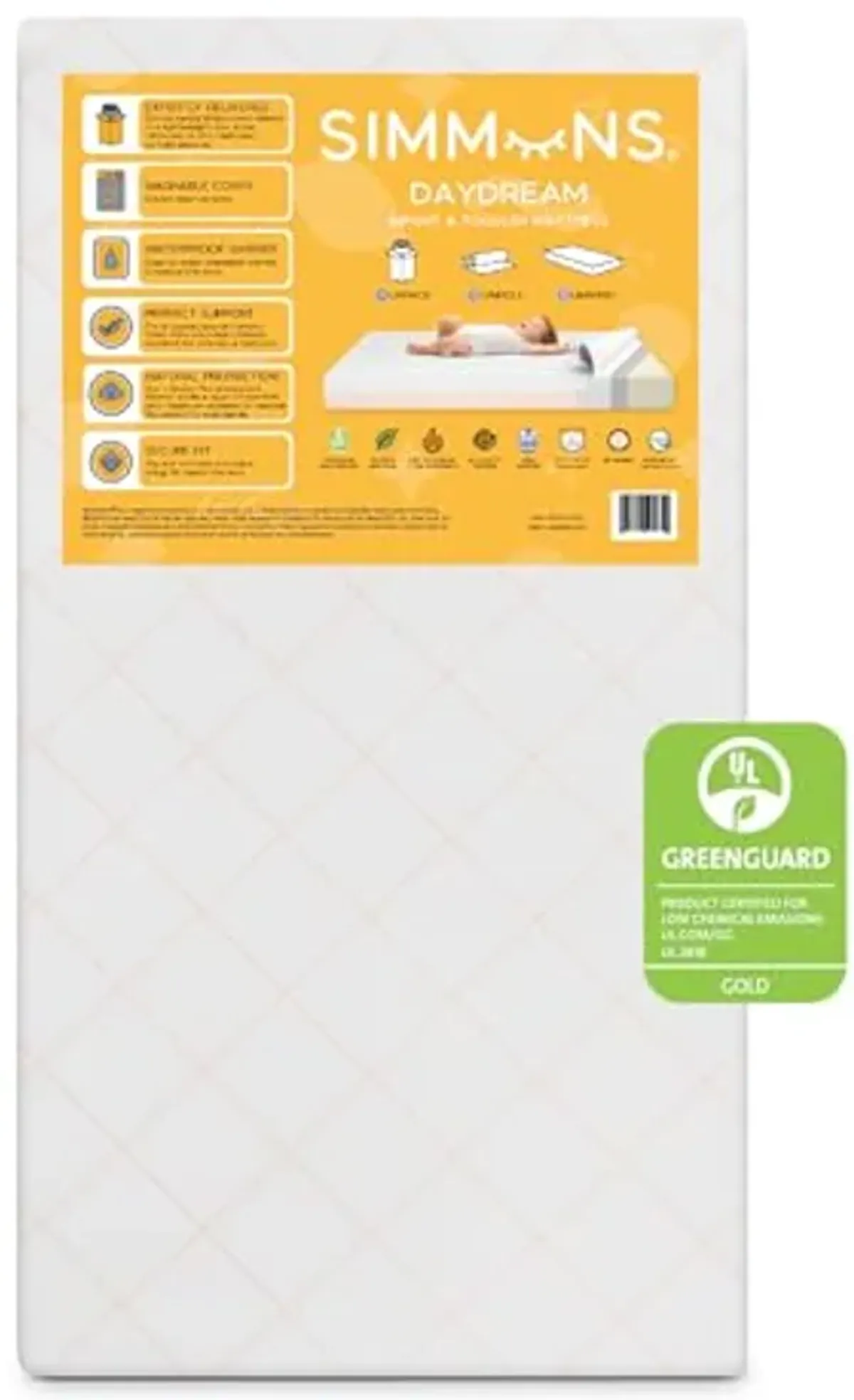 Simmons Kids Daydream 2-Sided Crib and Toddler Mattress GREENGUARD Gold Certified, CertiPUR-US Certified Foam, Breathable Machine Washable Cover, Waterproof Barrier, Made in USA, White