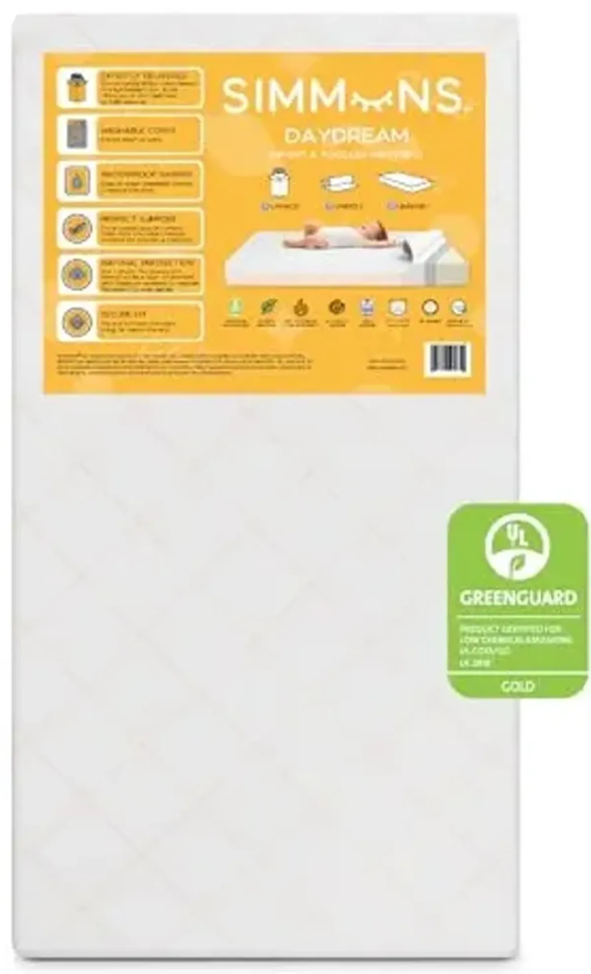 Simmons Kids Daydream 2-Sided Crib and Toddler Mattress GREENGUARD Gold Certified, CertiPUR-US Certified Foam, Breathable Machine Washable Cover, Waterproof Barrier, Made in USA, White
