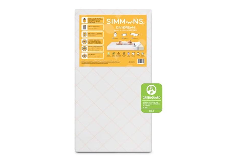 Simmons Kids Daydream 2-Sided Crib and Toddler Mattress GREENGUARD Gold Certified, CertiPUR-US Certified Foam, Breathable Machine Washable Cover, Waterproof Barrier, Made in USA, White