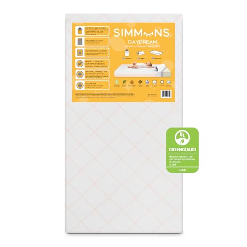 Simmons Kids Daydream 2-Sided Crib and Toddler Mattress GREENGUARD Gold Certified, CertiPUR-US Certified Foam, Breathable Machine Washable Cover, Waterproof Barrier, Made in USA, White