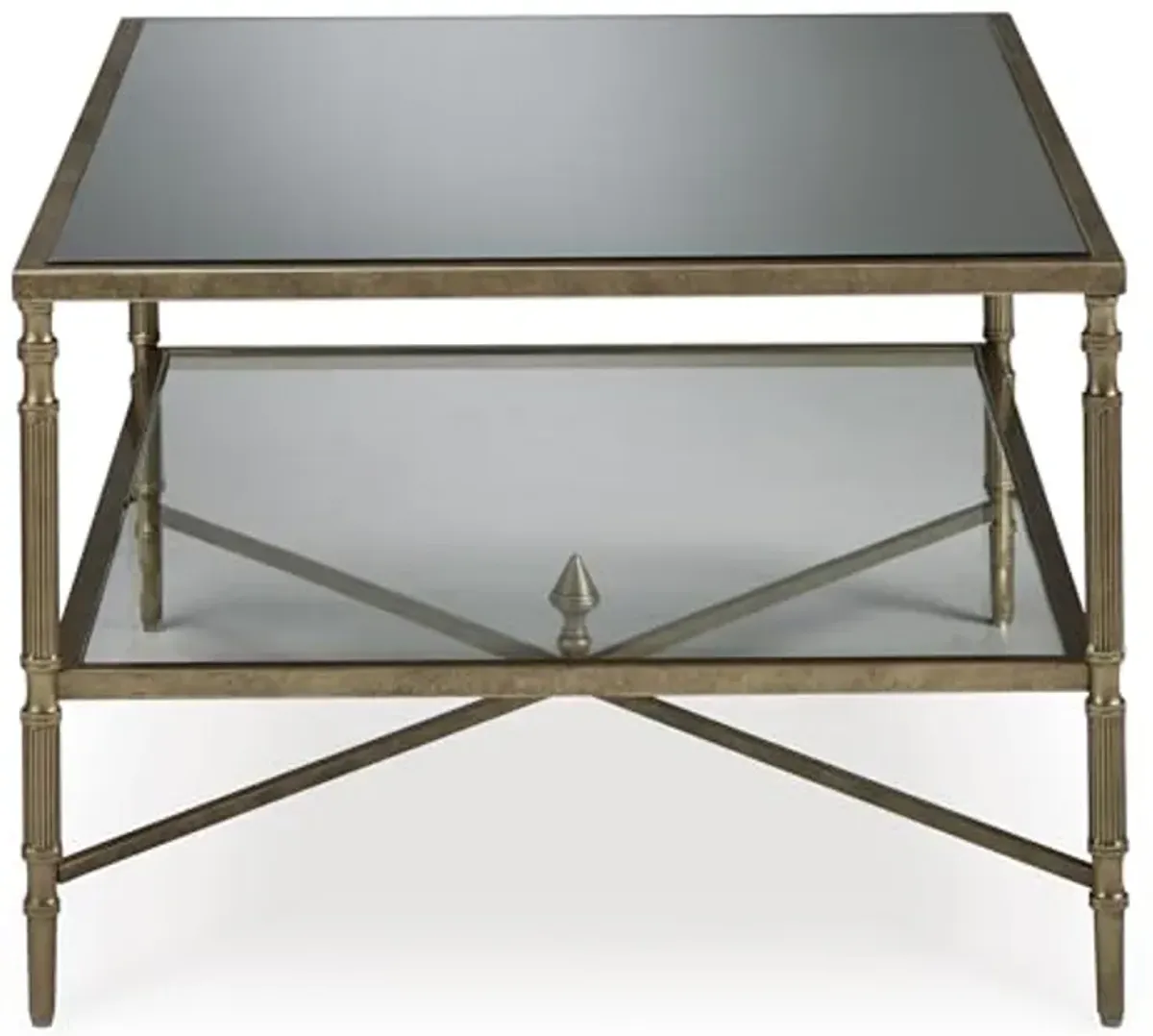 Signature Design by Ashley Cloverty Mid-Century Coffee Table with 1 Glass Shelf and Embellished Legs, Metallic