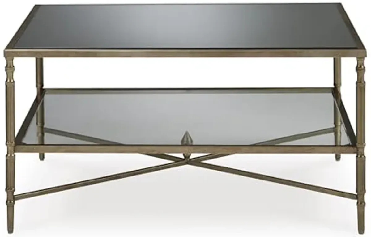 Signature Design by Ashley Cloverty Mid-Century Coffee Table with 1 Glass Shelf and Embellished Legs, Metallic