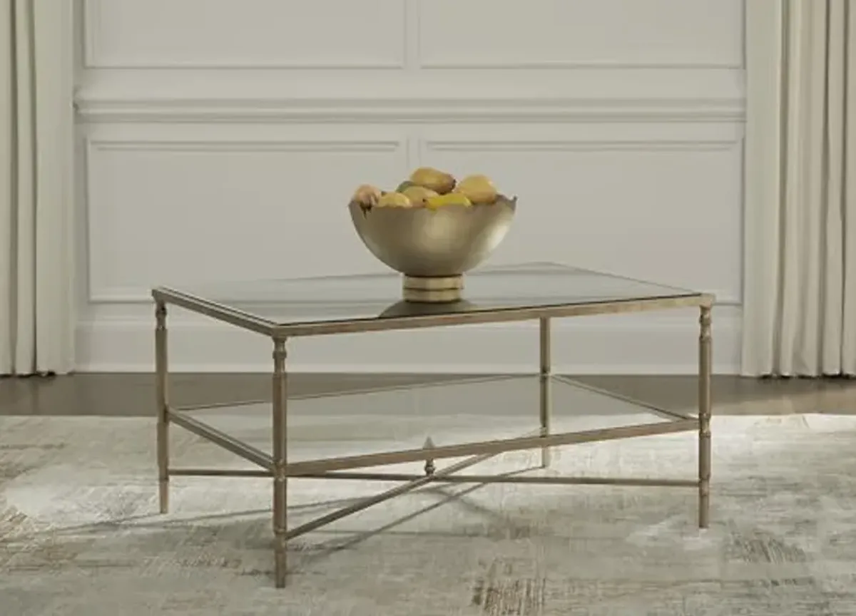 Signature Design by Ashley Cloverty Mid-Century Coffee Table with 1 Glass Shelf and Embellished Legs, Metallic