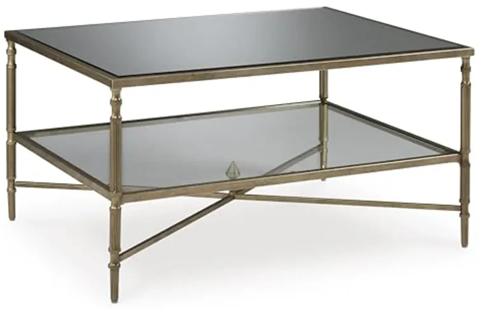 Signature Design by Ashley Cloverty Mid-Century Coffee Table with 1 Glass Shelf and Embellished Legs, Metallic