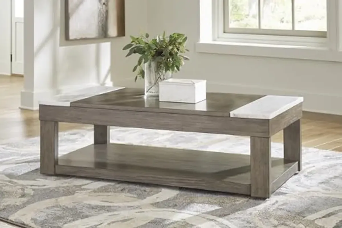 Signature Design by Ashley Loyaska Casual Lift-Top Coffee Table with 1 Lower Shelf, Marble Accents and Casters, Gray & White