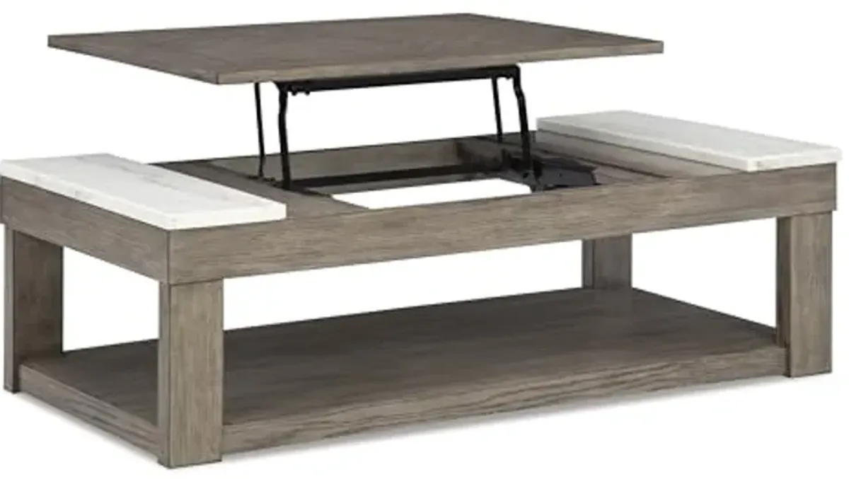 Signature Design by Ashley Loyaska Casual Lift-Top Coffee Table with 1 Lower Shelf, Marble Accents and Casters, Gray & White