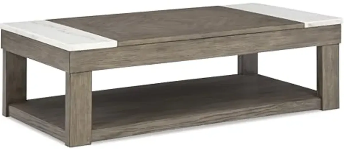 Signature Design by Ashley Loyaska Casual Lift-Top Coffee Table with 1 Lower Shelf, Marble Accents and Casters, Gray & White