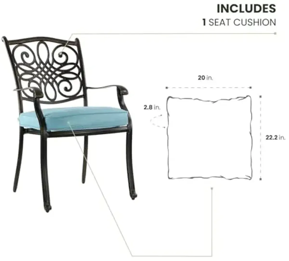 Hanover Replacement Cushion for Traditions Stationary Dining Chairs and Swivel Rockers in Ocean Blue, Weather-Resistant Seat Cushion for Outdoor Chair
