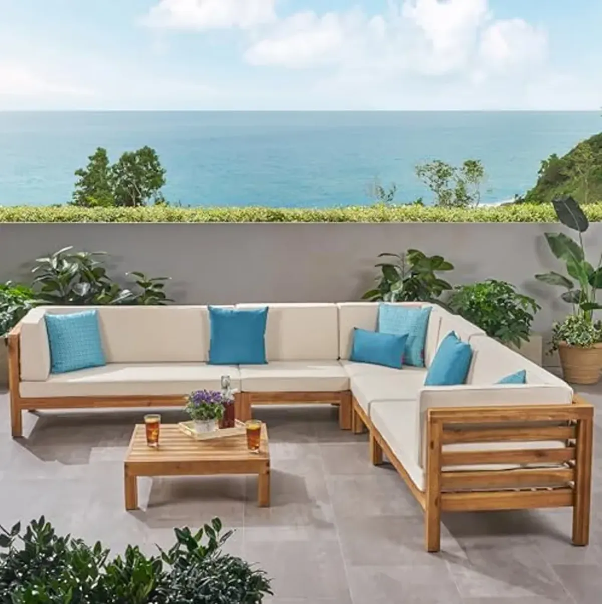 Christopher Knight Home Oana Outdoor Acacia Wood 7 Seater Sectional Sofa Chat Set, 28 "W x 30.25 "D x 26.5 "H, Teak + Beige