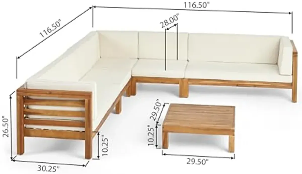 Christopher Knight Home Oana Outdoor Acacia Wood 7 Seater Sectional Sofa Chat Set, 28 "W x 30.25 "D x 26.5 "H, Teak + Beige