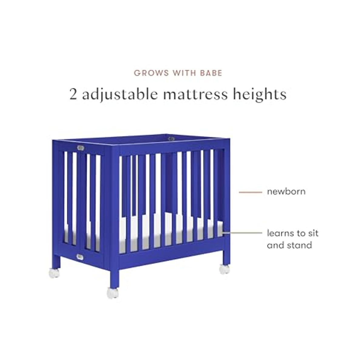 Babyletto Origami Mini Portable Crib Folding with Wheels in Cobalt, 2 Adjustable Mattress Positions, Greenguard Gold Certified