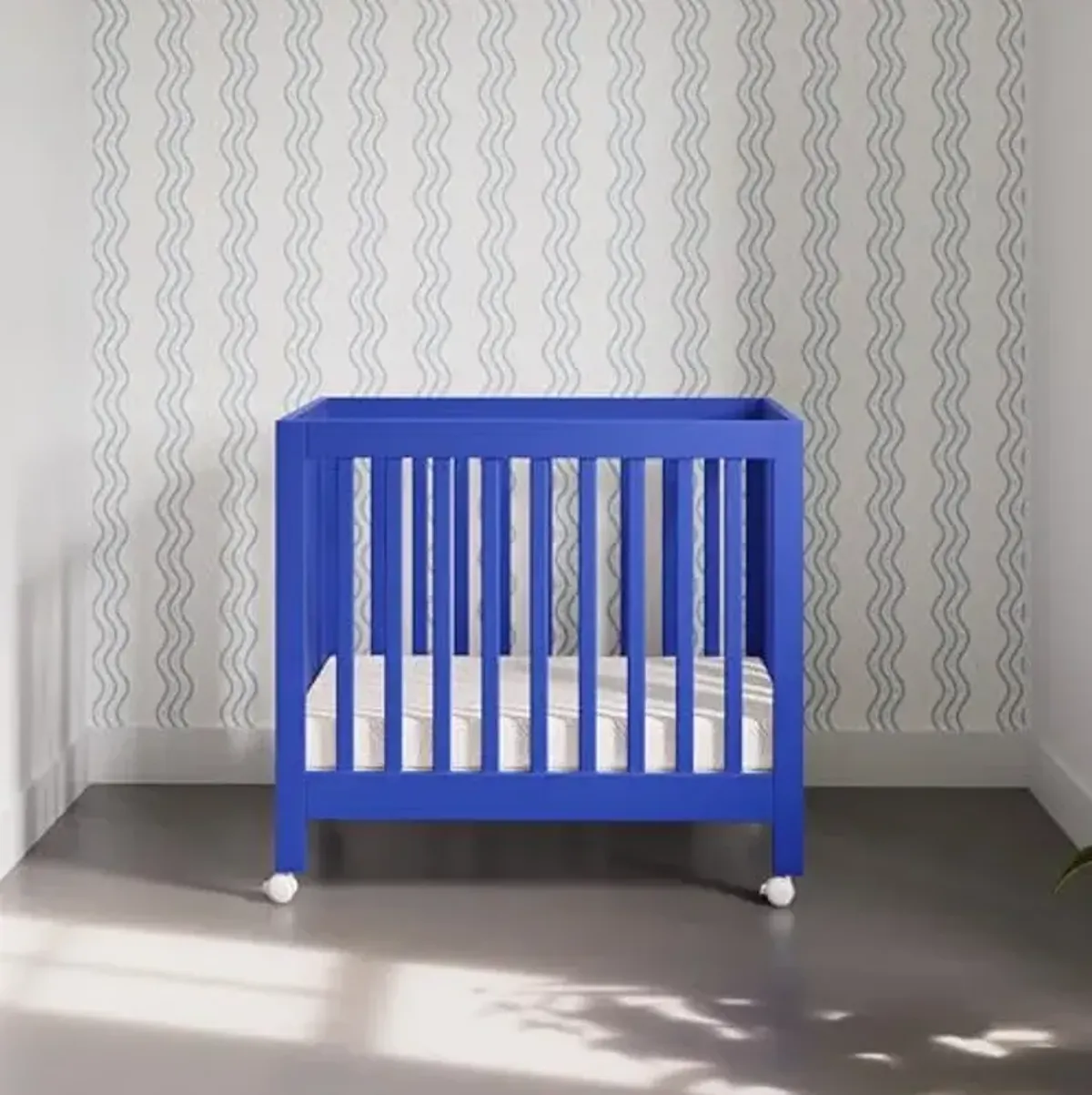Babyletto Origami Mini Portable Crib Folding with Wheels in Cobalt, 2 Adjustable Mattress Positions, Greenguard Gold Certified