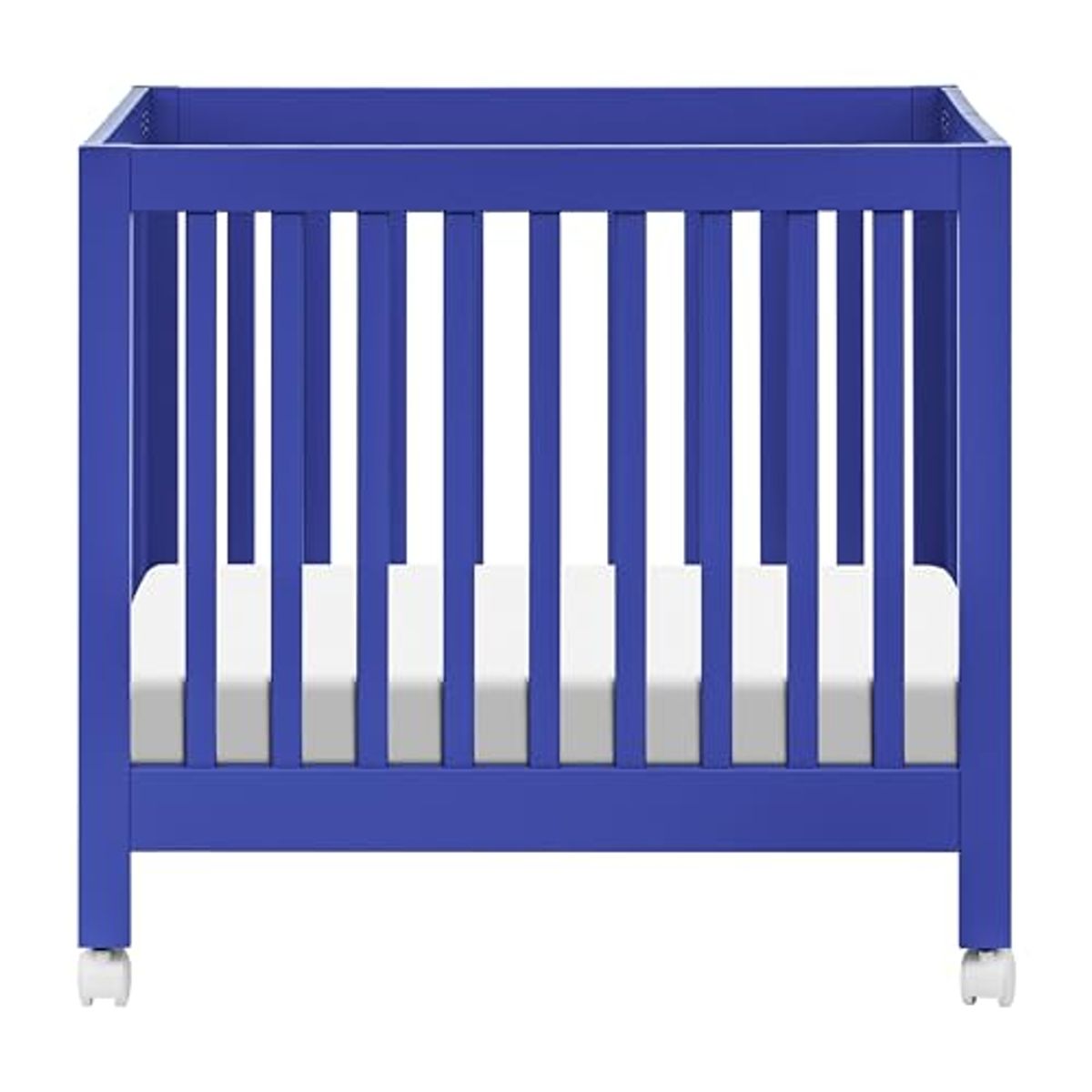 Babyletto Origami Mini Portable Crib Folding with Wheels in Cobalt, 2 Adjustable Mattress Positions, Greenguard Gold Certified