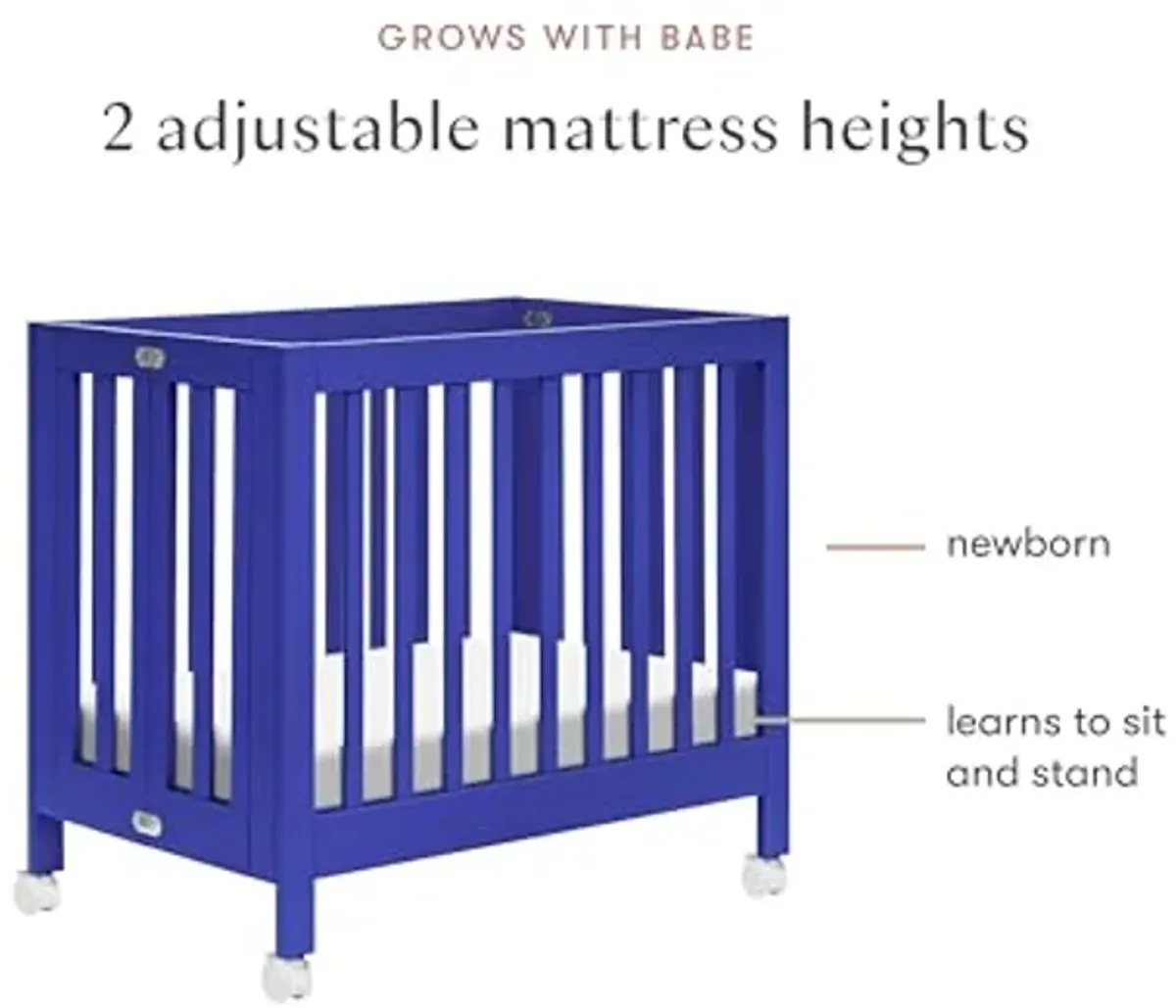 Babyletto Origami Mini Portable Crib Folding with Wheels in Cobalt, 2 Adjustable Mattress Positions, Greenguard Gold Certified