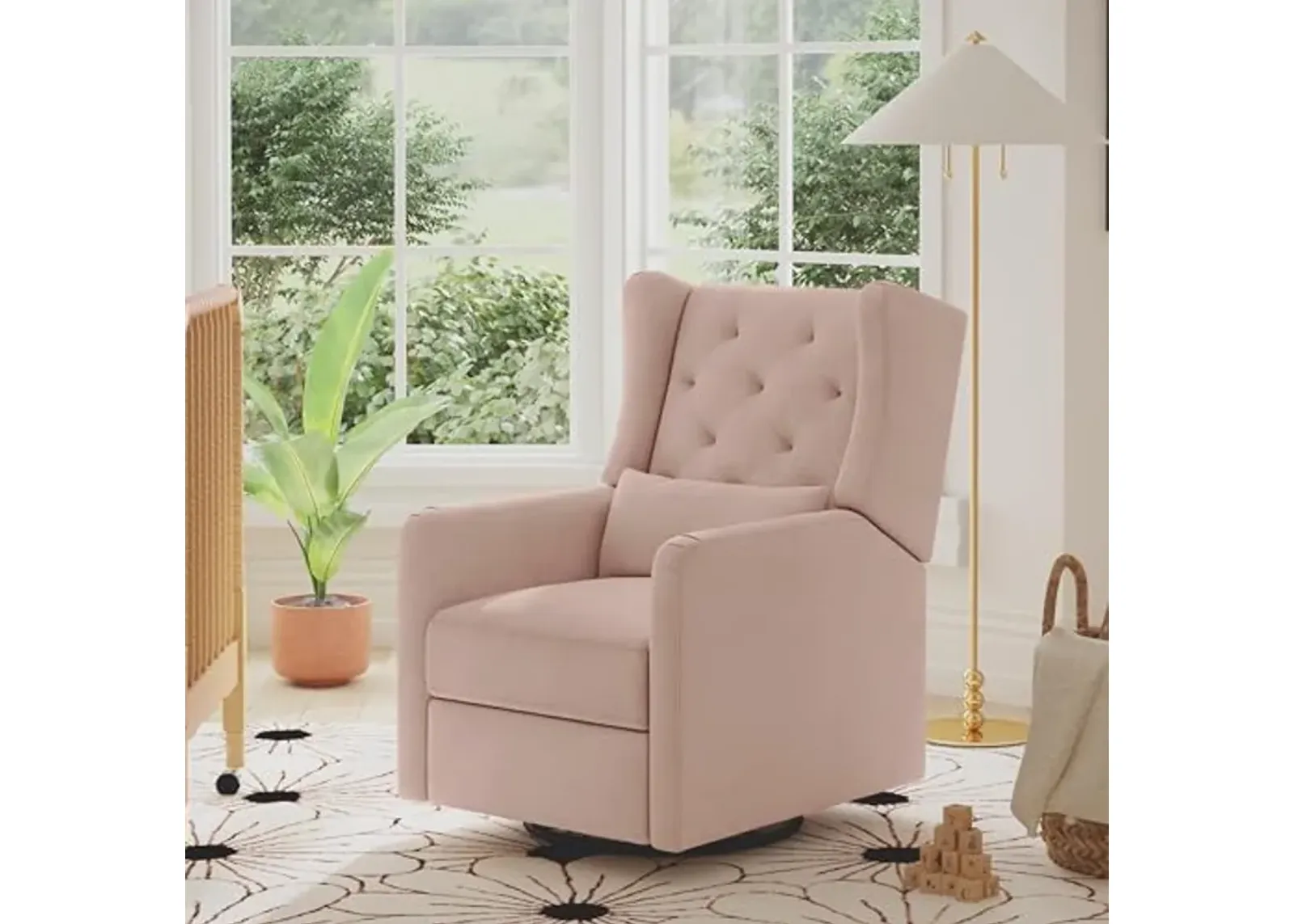 DaVinci Everly Recliner and Swivel Glider in Performance Pale Blush Pink Eco-Weave, GREENGUARD Gold Certified