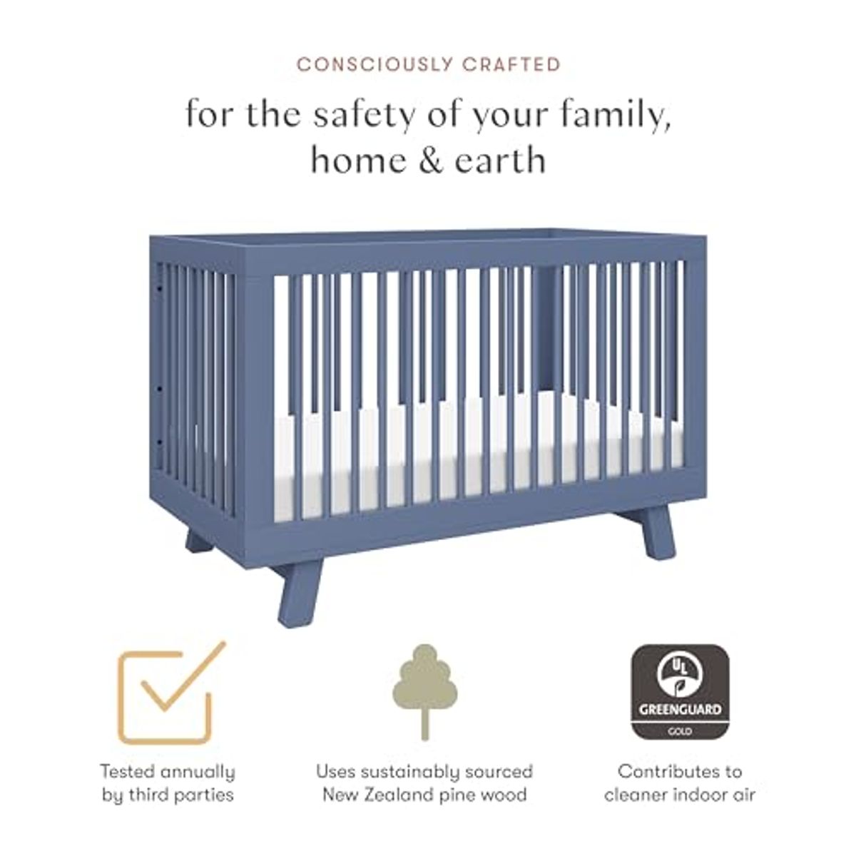 Babyletto Hudson 3-in-1 Convertible Crib with Toddler Bed Conversion Kit in Cove Blue, Greenguard Gold Certified