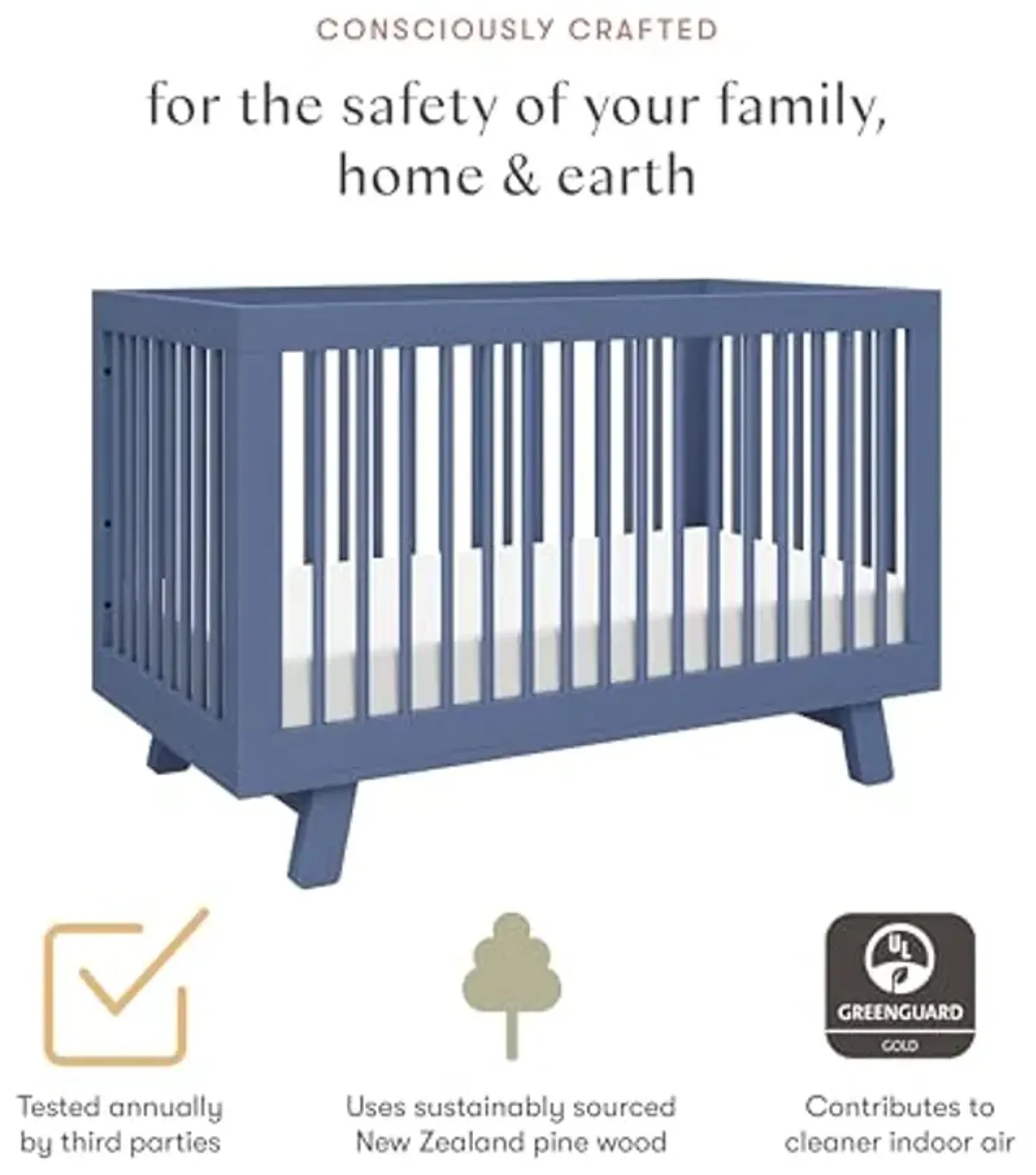 Babyletto Hudson 3-in-1 Convertible Crib with Toddler Bed Conversion Kit in Cove Blue, Greenguard Gold Certified