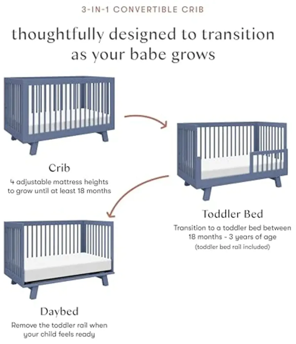 Babyletto Hudson 3-in-1 Convertible Crib with Toddler Bed Conversion Kit in Cove Blue, Greenguard Gold Certified