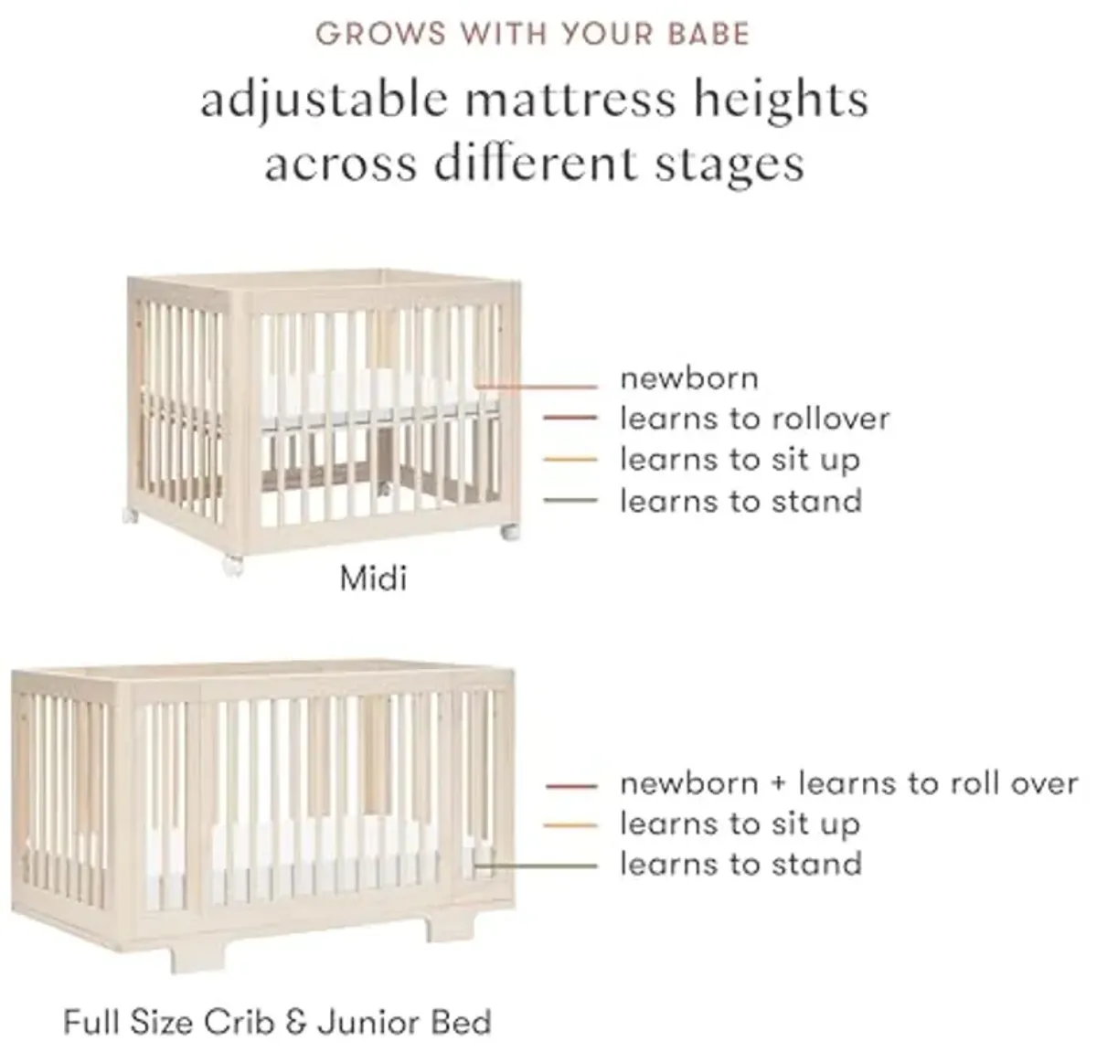 Babyletto Yuzu Convertible All-Stages Bassinet, Midi, Full-Size Crib in Washed Natural, Greenguard Gold Certified, Portable & Adjustable with Conversion Kits and Pads Included