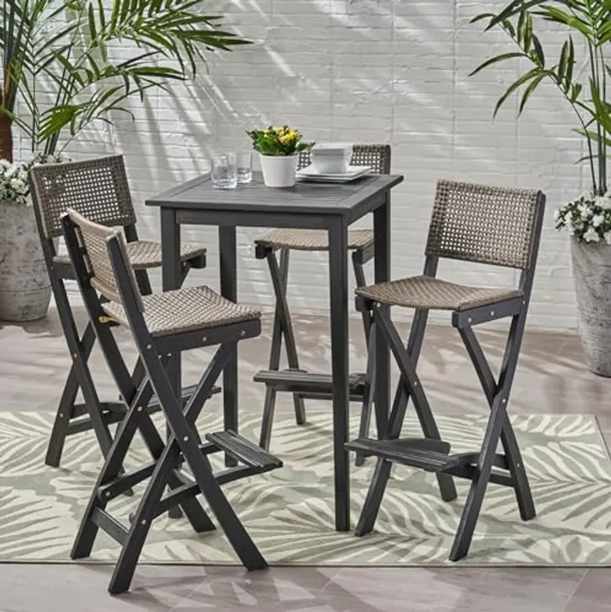 Christopher Knight Home Polaris Outdoor Acacia Wood and Wicker 5 Piece Square Bar Bistro Set, 15 "W x 22 "D x 41.75 "H, Dark Gray + Brown