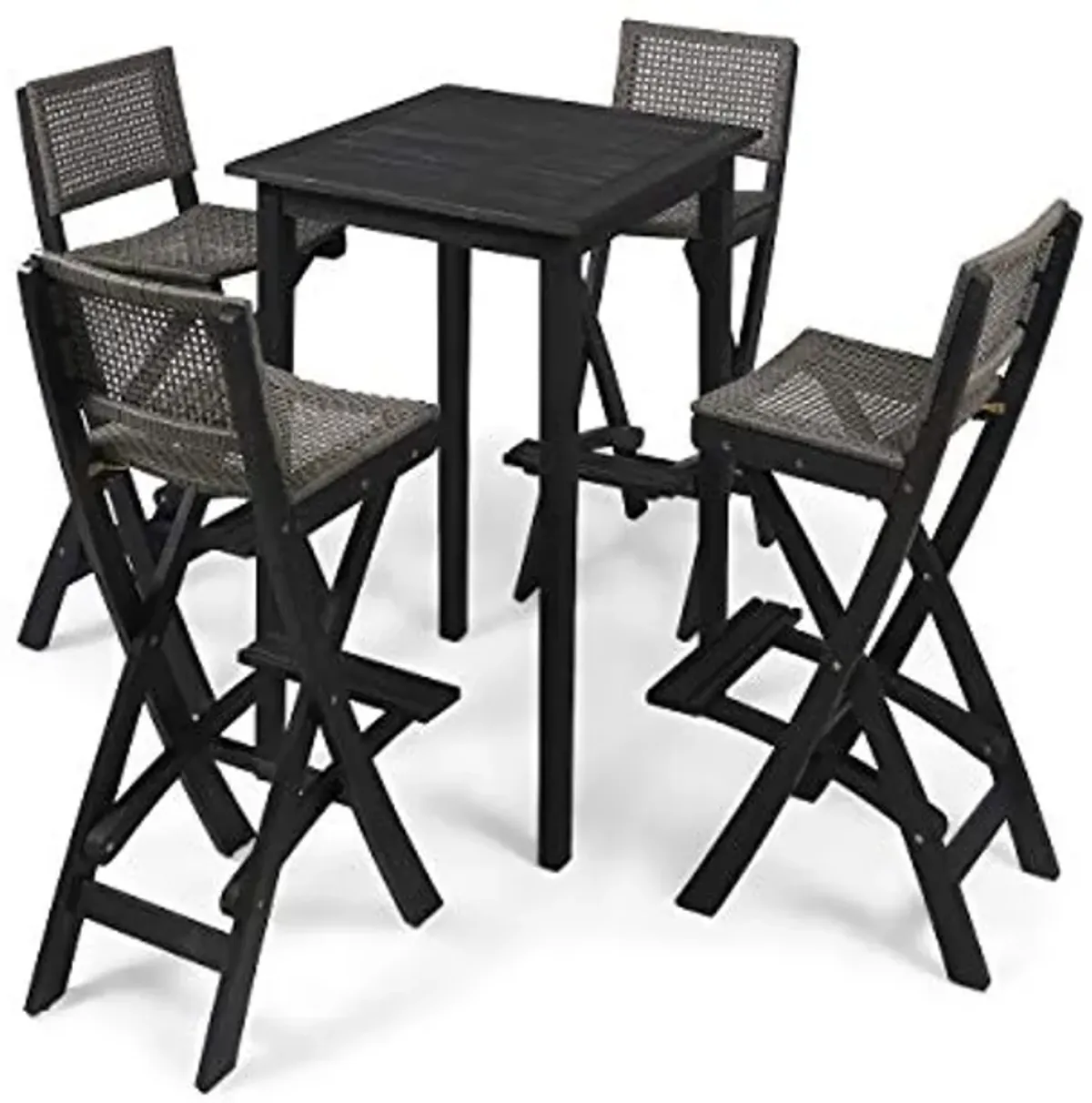 Christopher Knight Home Polaris Outdoor Acacia Wood and Wicker 5 Piece Square Bar Bistro Set, 15 "W x 22 "D x 41.75 "H, Dark Gray + Brown