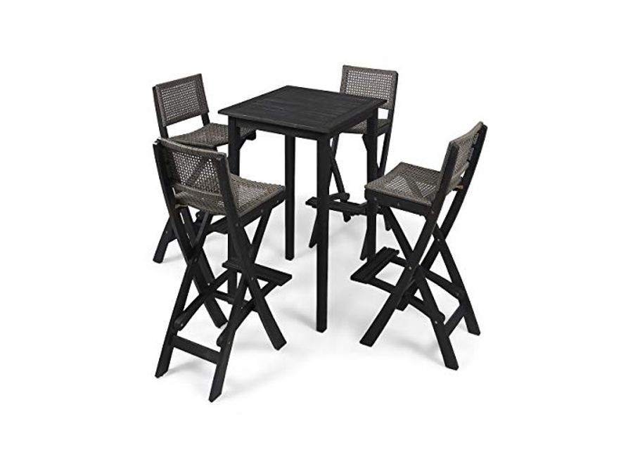 Christopher Knight Home Polaris Outdoor Acacia Wood and Wicker 5 Piece Square Bar Bistro Set, 15 "W x 22 "D x 41.75 "H, Dark Gray + Brown