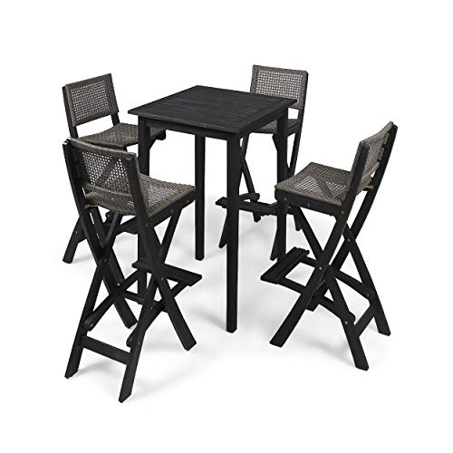 Christopher Knight Home Polaris Outdoor Acacia Wood and Wicker 5 Piece Square Bar Bistro Set, 15 "W x 22 "D x 41.75 "H, Dark Gray + Brown