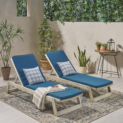 Christopher Knight Home Maki Outdoor Acacia Wood Chaise Lounges with Cushion (Set of 2), 78.75 "W x 23.75 "D x 1.5 "H, Weathered Gray + Gray + Blue