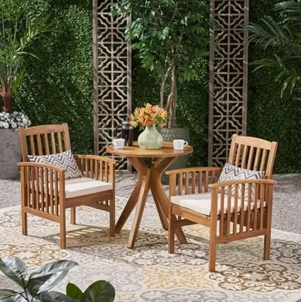 Christopher Knight Home Degas Outdoor Acacia Wood 3 Piece Bistro Set with Cushion, 22.75 "W x 25 "D x 35 "H, Teak + Cream