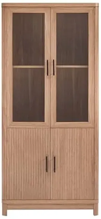 Manhattan Comfort Jodie Bookcase Elegant Bookshelf with 6 Adjustable Shelves, Tempered Glass Doors, Ribbed Wood Accent, Modern Storage Cabinet for Living Room, Library, or Home Office in Maple