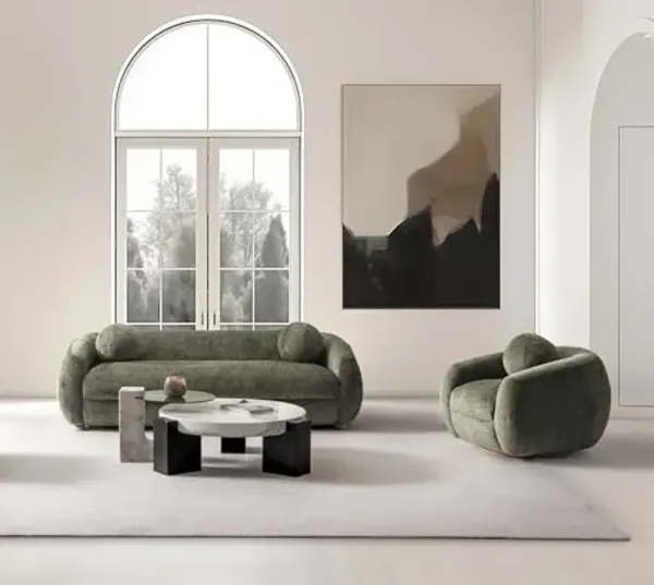 Manhattan Comfort Tribeca 2-Piece Living Room Set, 86" Modern Sofa and 1 Swivel Accent Chair, Upholstered in Chenille Fabric, Round Pillows Included, Fully Assembled Couches, Olive Green