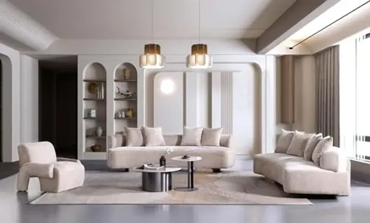 Manhattan Comfort Verandah 3-Piece Living Room Set, 112" Sofa, 90" Sofa and 1 Accent Chair, Upholstered in Chenille Fabric, Throw Pillows Included, Fully Assembled Couches, Beige