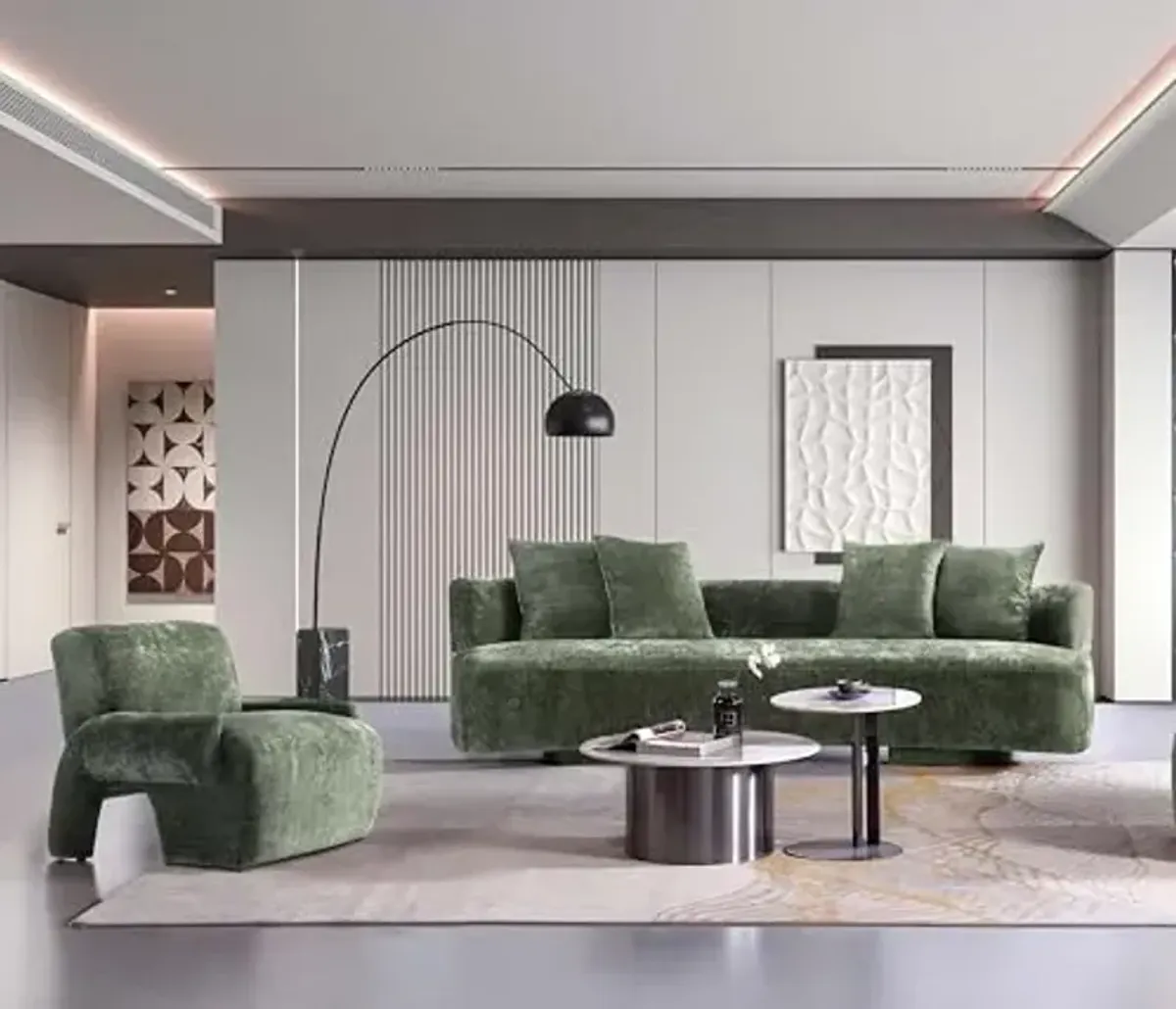 Manhattan Comfort Verandah 2-Piece Living Room Set, 112" Modern Sofa and 1 Accent Chair, Upholstered in Chenille Fabric, Throw Pillows Included, Fully Assembled Couches, Olive Green